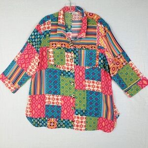 John Mark Camp Shirt Patchwork Multicolor Rayon Relaxed Colorful Boho 70s size L
